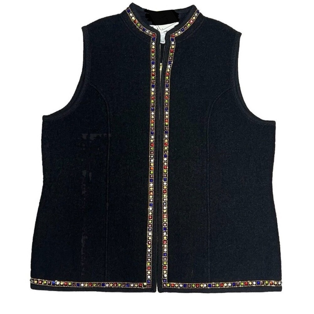 EUC- Vintage ‘Lisa International’ Bejeweled Boiled Wool Zip Front Vest